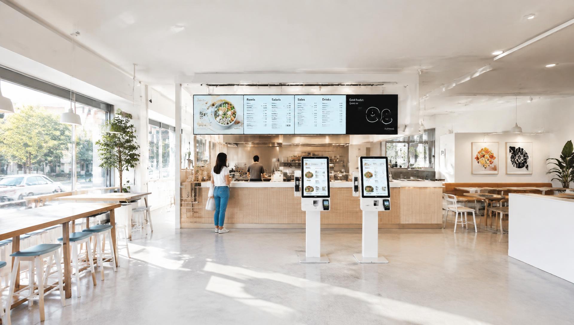 Moderner Store mit Self-Order-Terminals und Digital Menu Boards